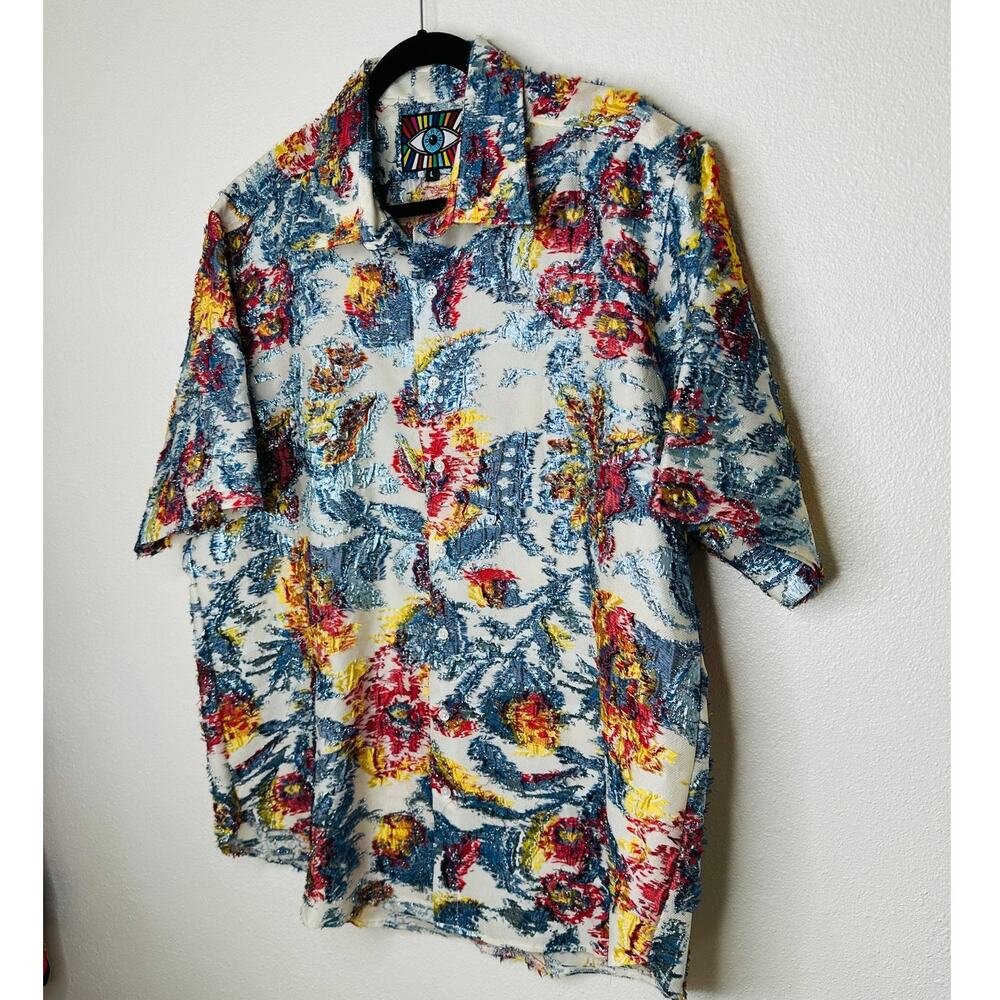 Libertine Cream Red Blue Gold Metallic Embroidered Button  Short Sleeve Shirt L - Picture 6 of 12